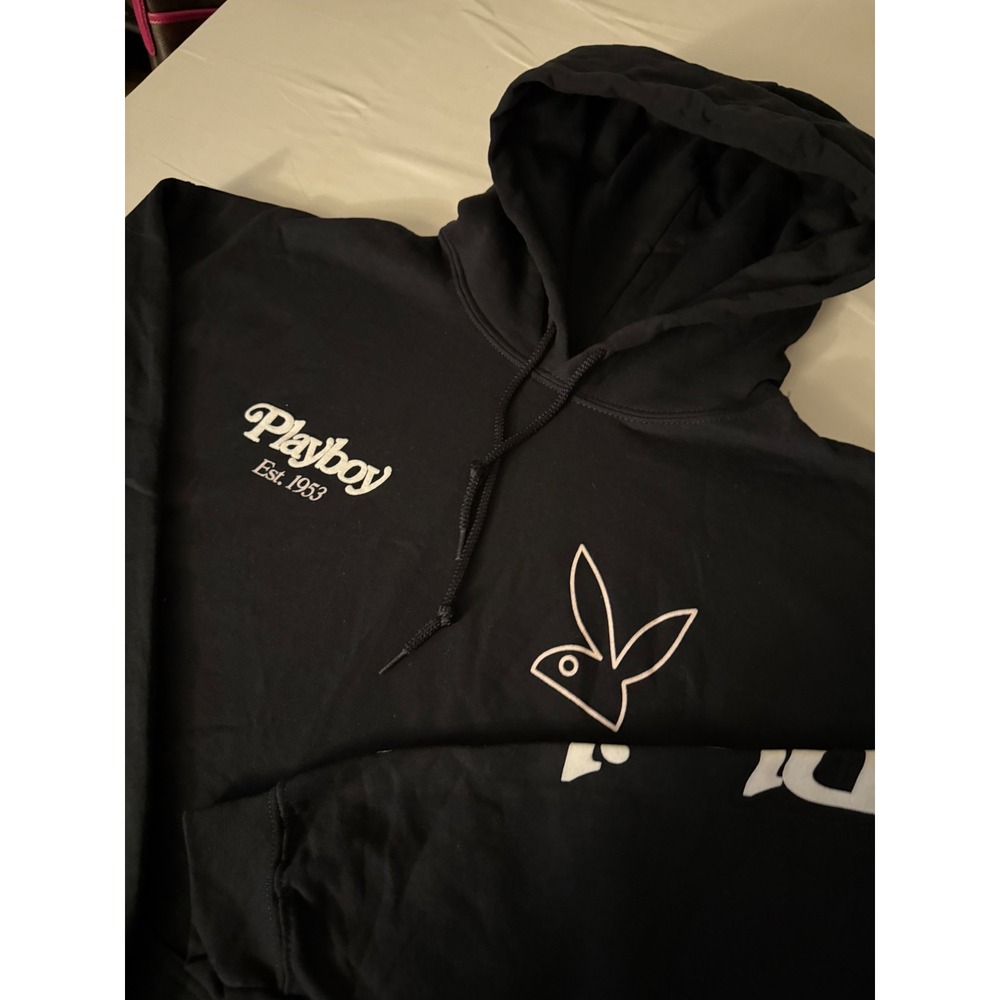 Playboy Black Hoodie XL Puffy Raised Logo Graphic Pullover Sweatshirt NWOT